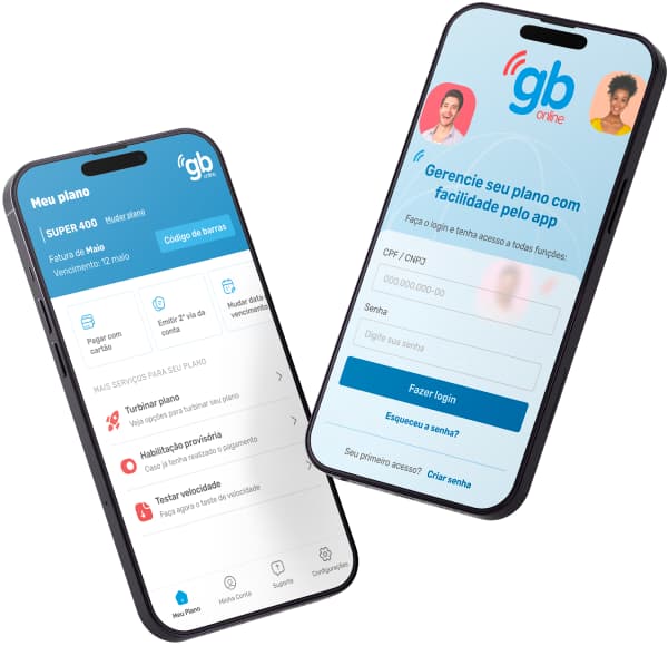 App GB Online mostrando tela Meu plano e tela de login em dois celulares